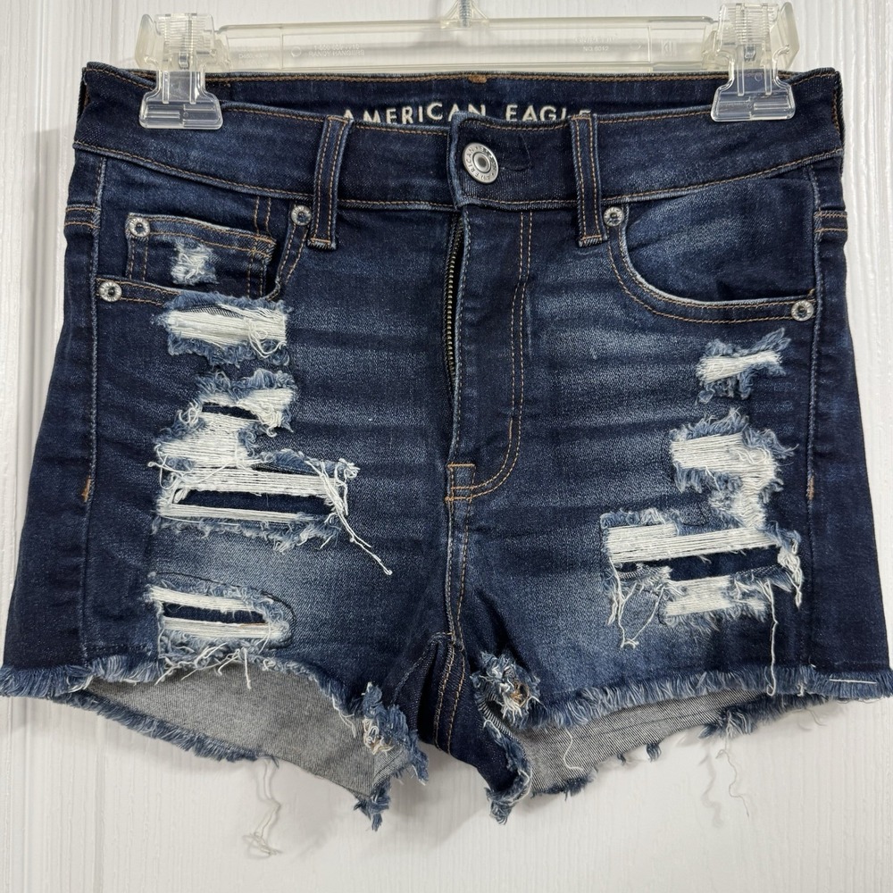 American Eagle Hi Rise Shortie Shorts Women's Size 2 Distressed Jean Denim